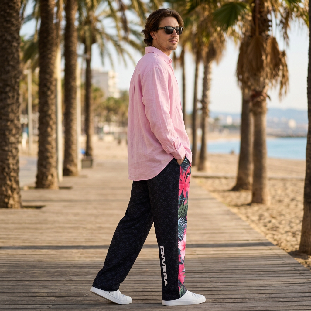 VIBRANT REBEL Tropical floral streetwear Wide-leg joggers, vibrant all-over print, eye-catching design, standout fashion | Trendy design