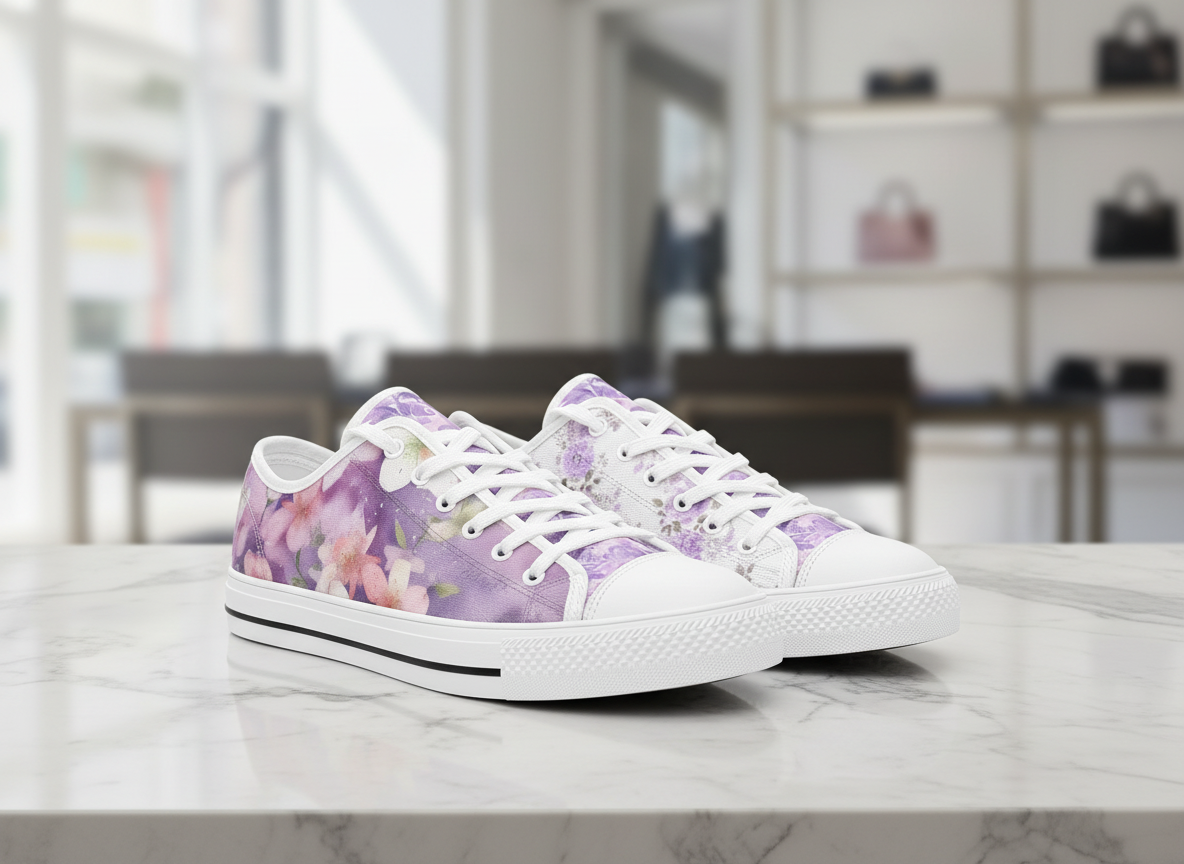ENVERA Unisex Low Top Canvas Shoes "Lavender Bloom" | Soft Floral Sneakers | Pastel Canvas Shoes | Dreamy Spring Style