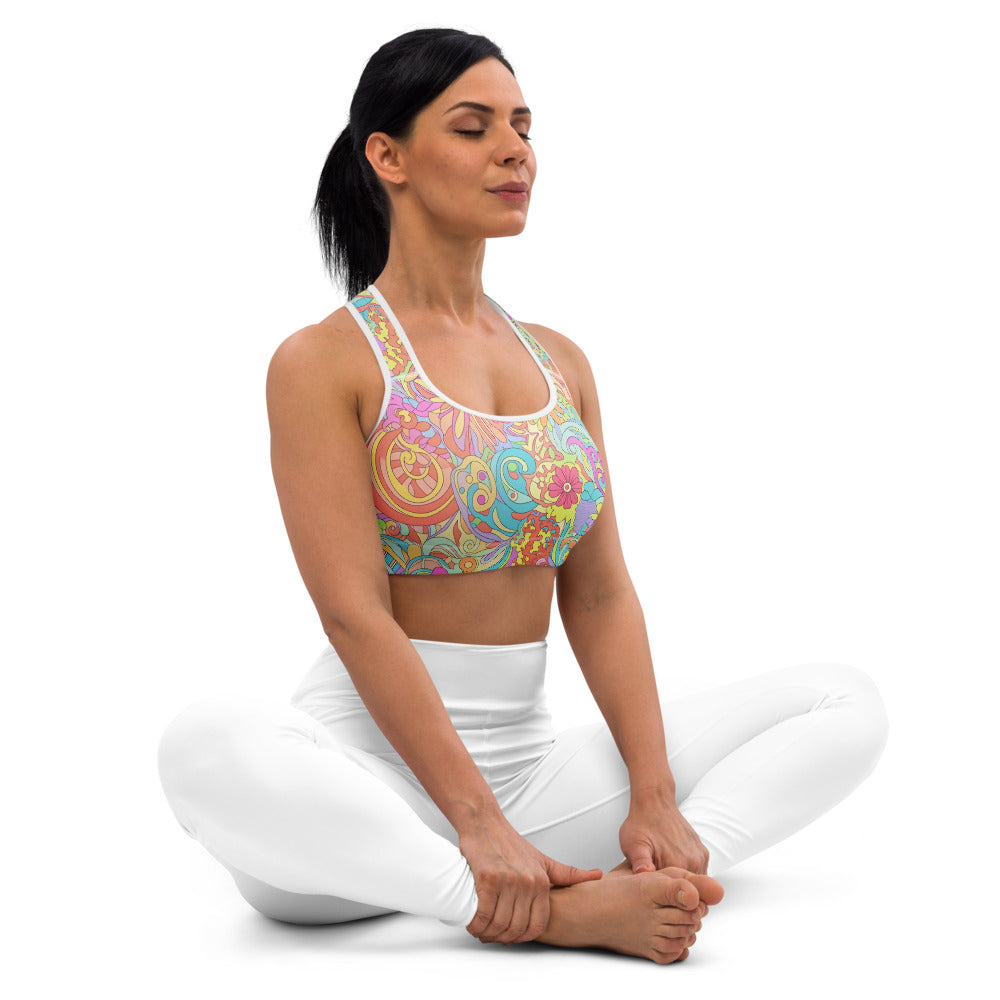 Vibrant Retro Floral Sports Bra – Psychedelic Flower Pattern Sports Bra | Moisture-Wicking Fabric | Padded Sports Bra