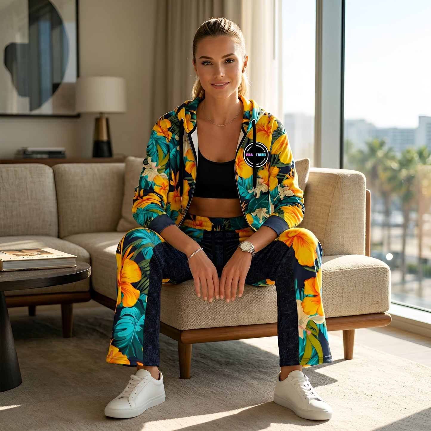 VIBRANT REBEL Tropical floral streetwear Wide-leg joggers, vibrant all-over print, eye-catching design, standout fashion | Trendy design