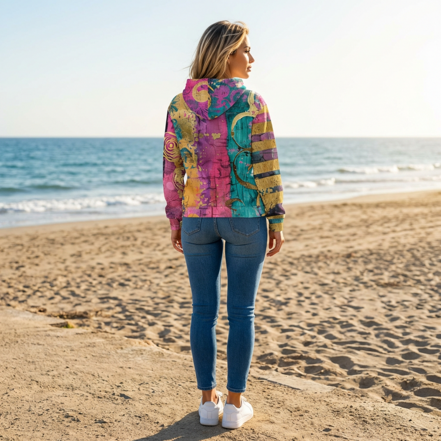 Vibrant abstract unisex zip hoodie with gold accents, colorful streetwear hoodie, bold art hoodie, graphic hoodie, vivid fashion