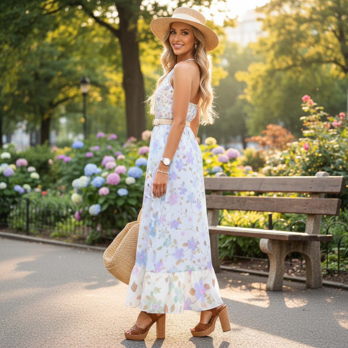 Fließendes, pastellfarbenes Blumen-Maxikleid mit Neckholder, elastischer Taille und Rüschensaum – perfekt für mühelose Sommer-Eleganz | Weiß & Blau
