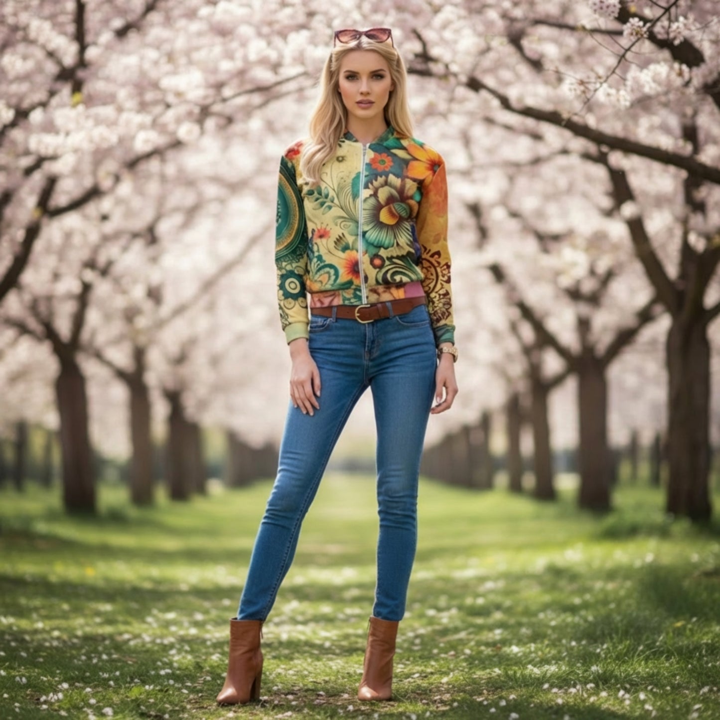 Boho Bloom Unisex Bomberjacke ZENARA | Blumen-Mandala-Allover-Print | Bohemian Streetwear