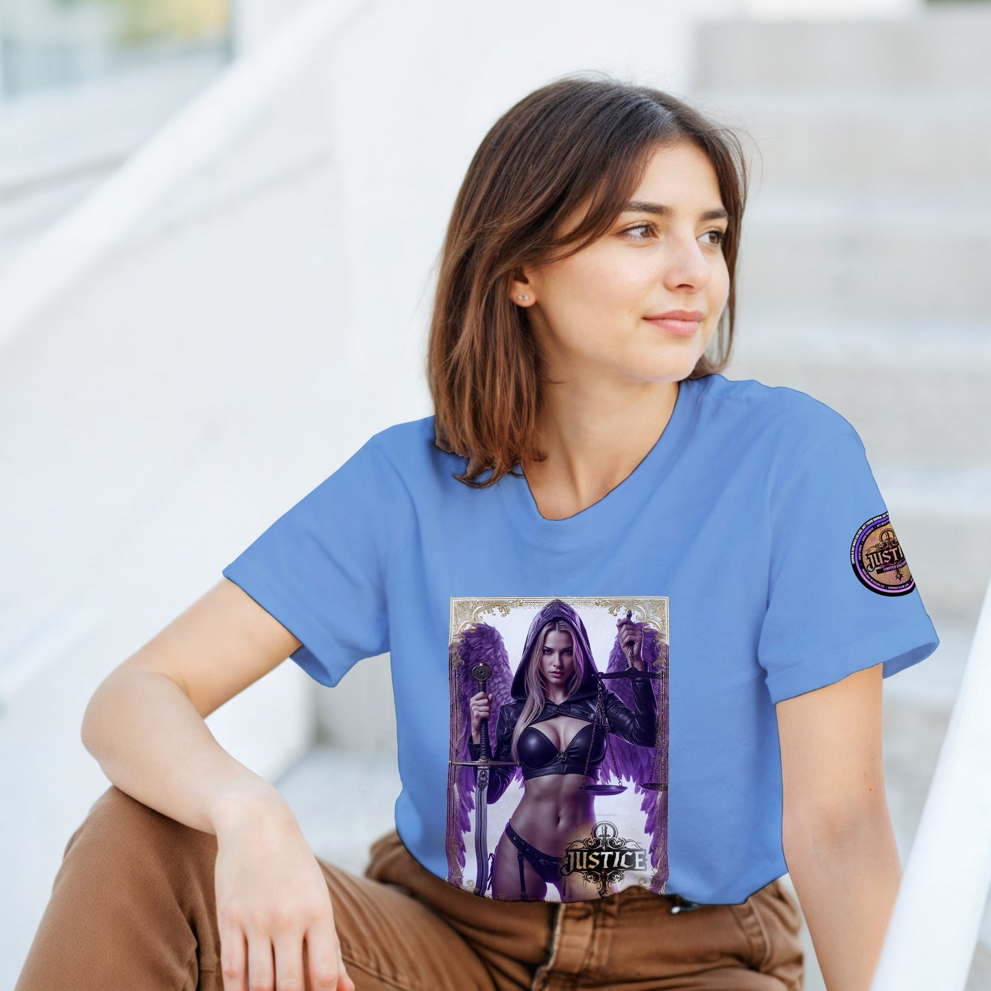 Justice Angel T-Shirt | Heavyweight unisex tee featuring ethereal angel wings cradling a sword and the scales of justice
