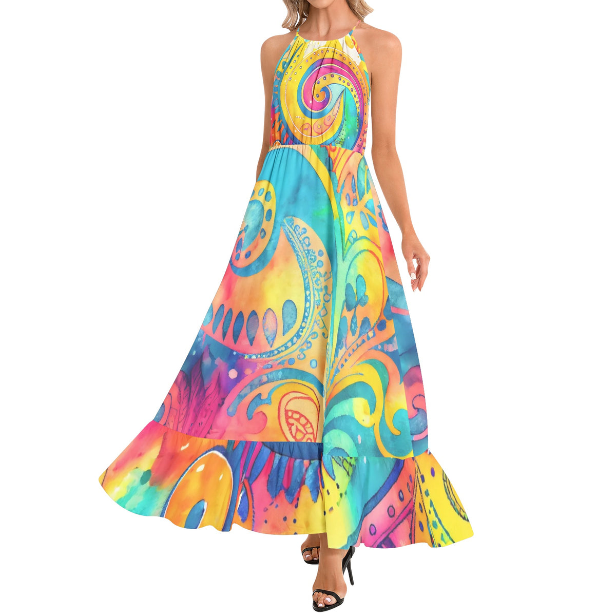 Colorful psychedelic paisley maxi dress with turquoise yellow pink and orange print halter neckline and ruffle hem