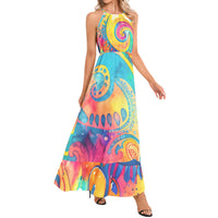 Colorful psychedelic paisley maxi dress with turquoise yellow pink and orange print halter neckline and ruffle hem