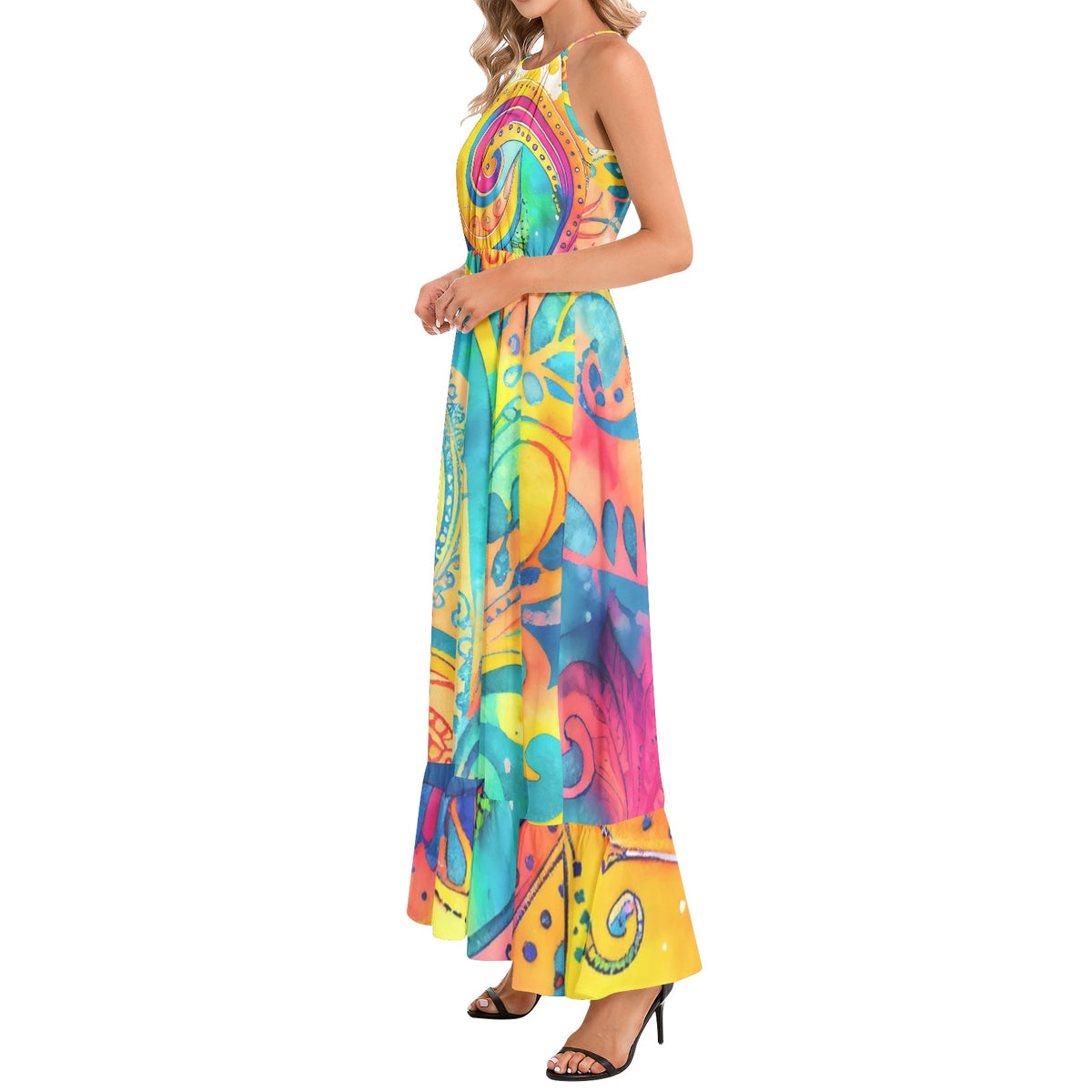 Colorful psychedelic paisley maxi dress with turquoise yellow pink and orange print halter neckline and ruffle hem