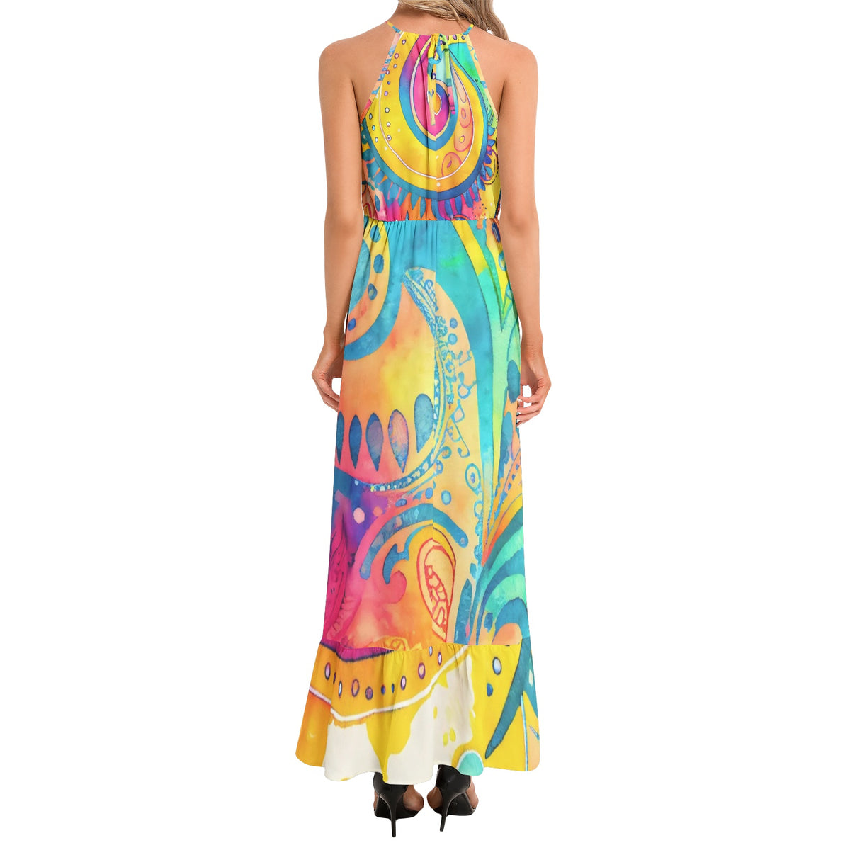 Colorful psychedelic paisley maxi dress with turquoise yellow pink and orange print halter neckline and ruffle hem
