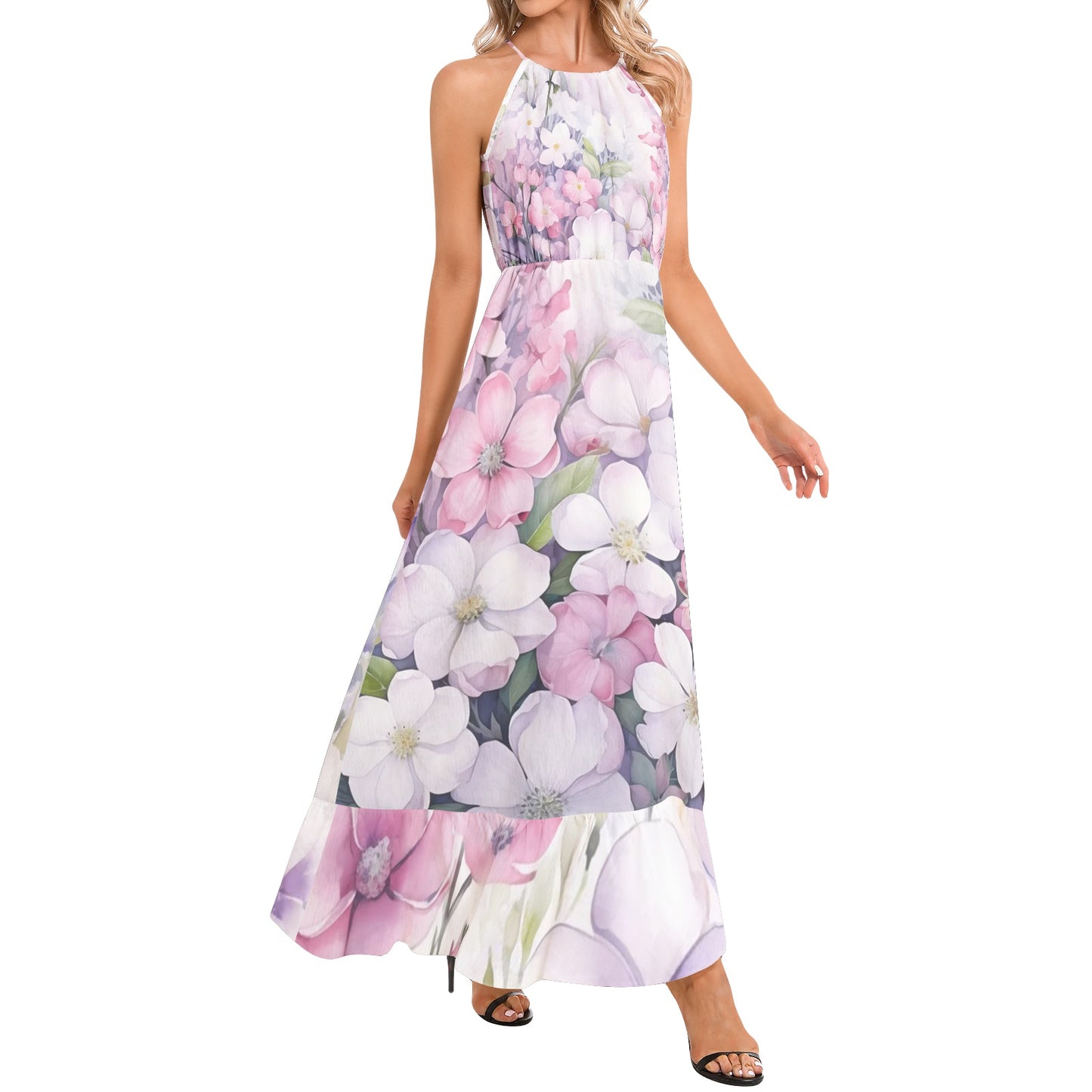 Stunning, flowy floral maxi dress with a halter neckline, ruffle hem, and vibrant watercolor print for effortless summer style | Maxi Dress