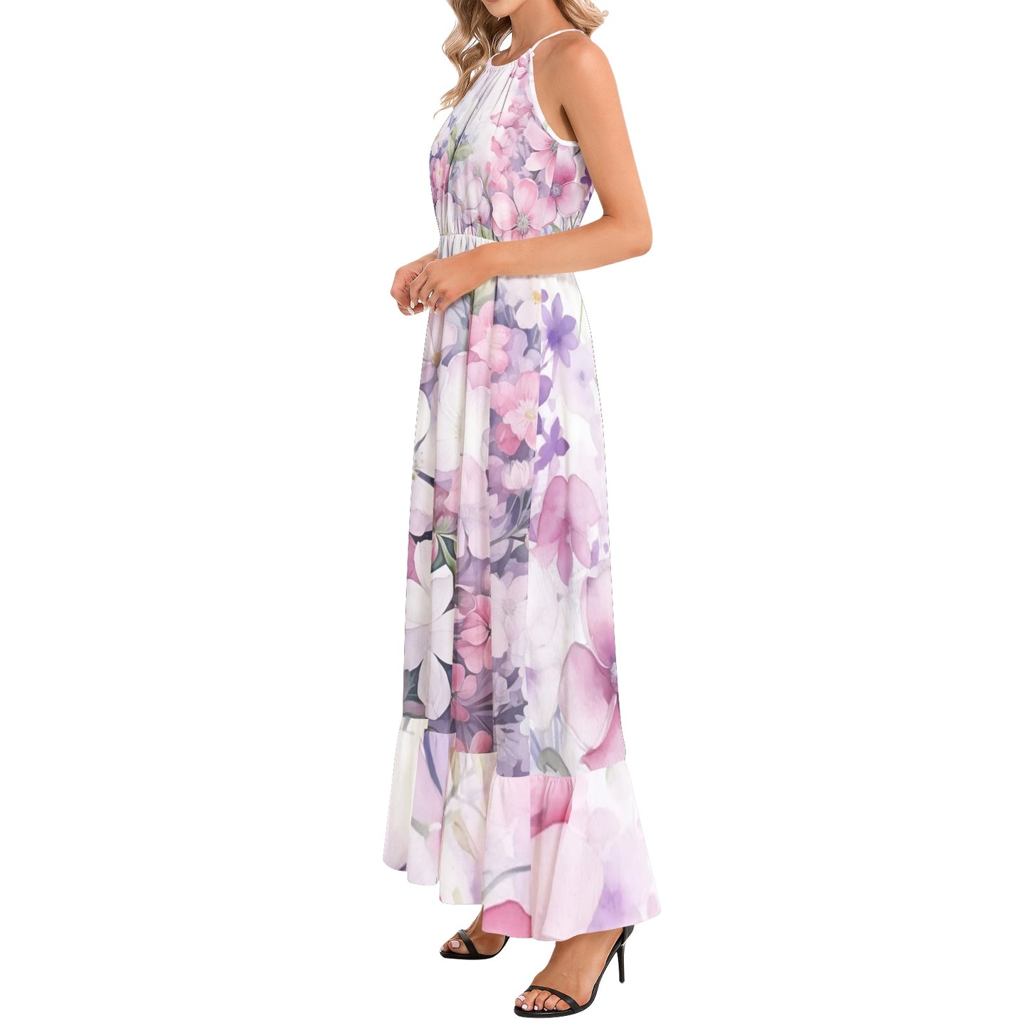 Stunning, flowy floral maxi dress with a halter neckline, ruffle hem, and vibrant watercolor print for effortless summer style | Maxi Dress