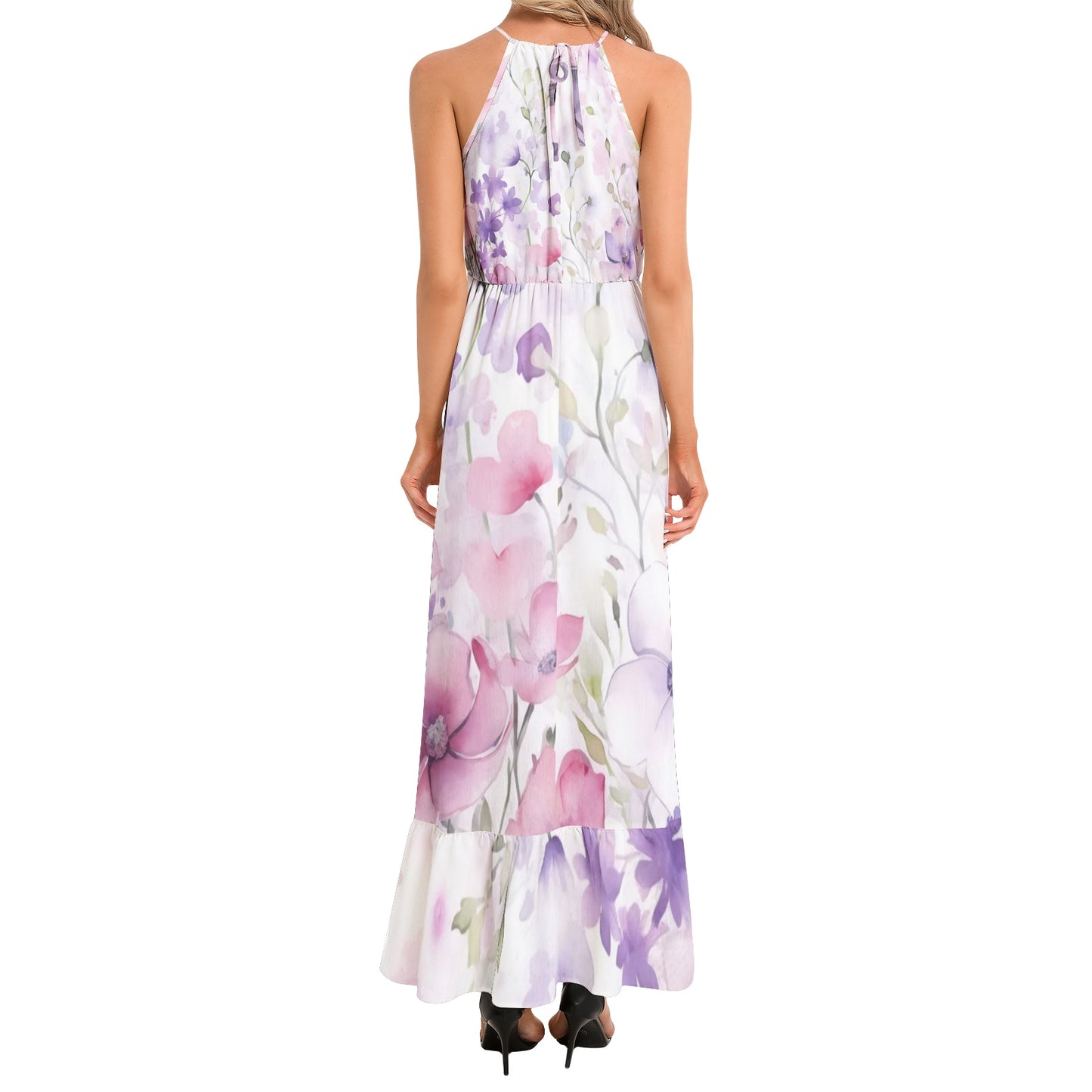 Stunning, flowy floral maxi dress with a halter neckline, ruffle hem, and vibrant watercolor print for effortless summer style | Maxi Dress