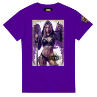 Justice Angel unisex T-shirt featuring a blonde female winged angel with sword and scales in a detailed bold graphic design