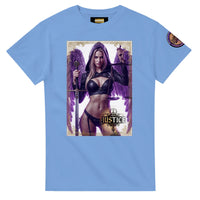 Justice Angel unisex blue T-shirt featuring a blonde female winged angel with sword and scales in a detailed bold graphic design
