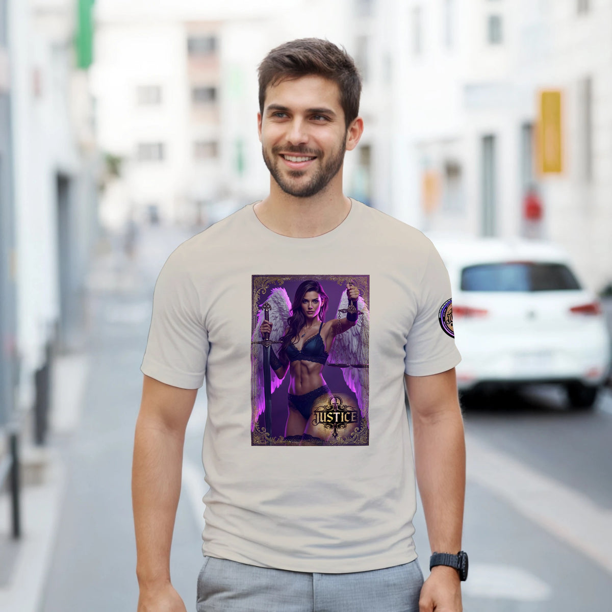 Justice Angel unisex T-shirt featuring a brunette female winged angel with sword and scales in a detailed bold graphic design
