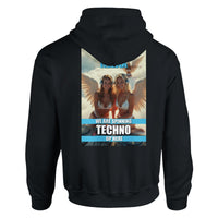Heavenly Techno Angels unisex streetwear hoodie featuring cloud DJ girls graphic with techno rave theme and “we are spinning techno up here” design