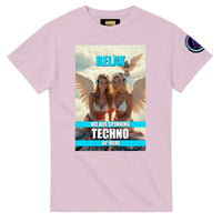 Heavenly Techno Angels unisex streetwear t-shirt featuring cloud DJ girls graphic with techno rave theme and “we are spinning techno up here” design
