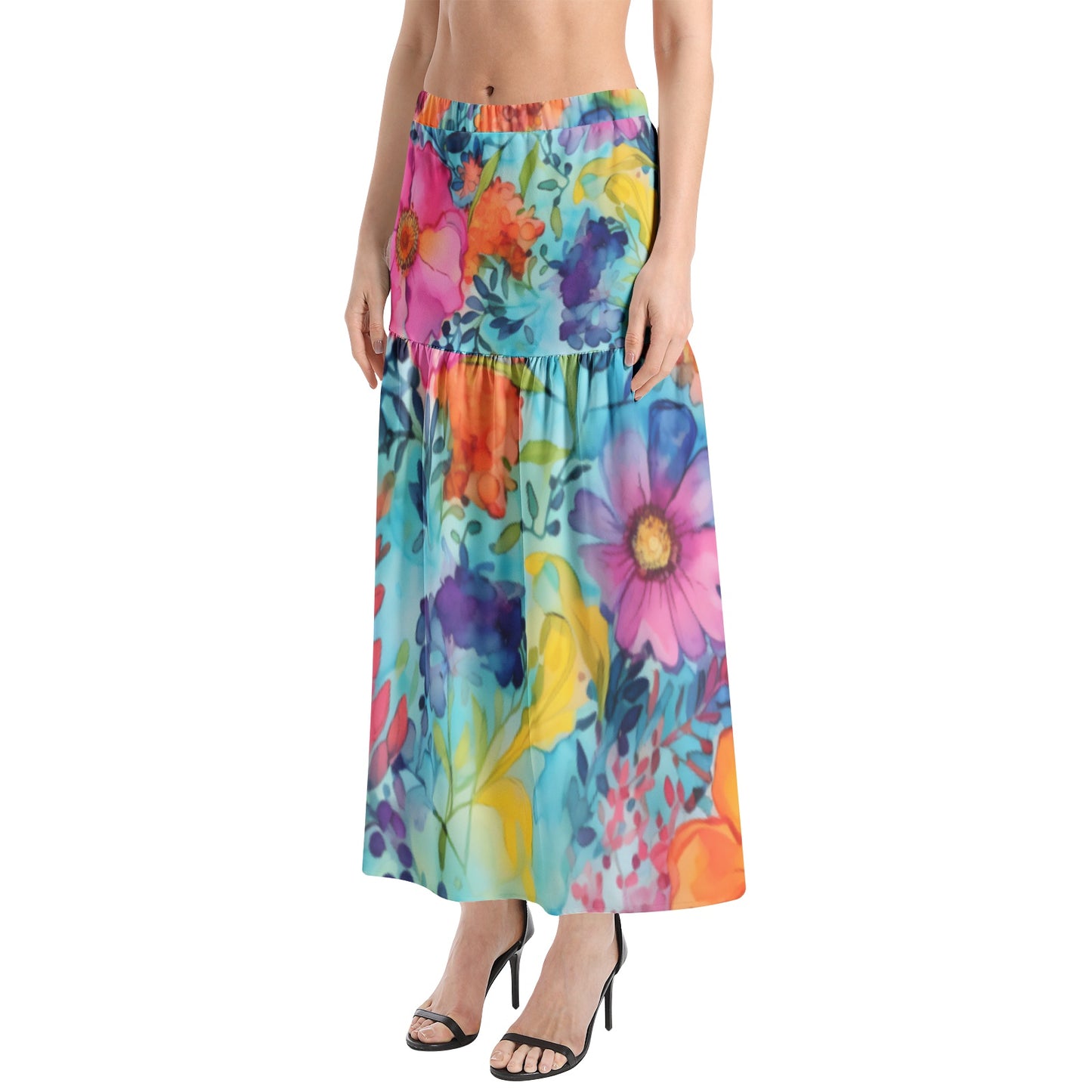 Vibrant Floral Midi Skirt with high elastic waist and thigh slit, featuring a flowy silhouette | Perfect spring and Summer Dress
