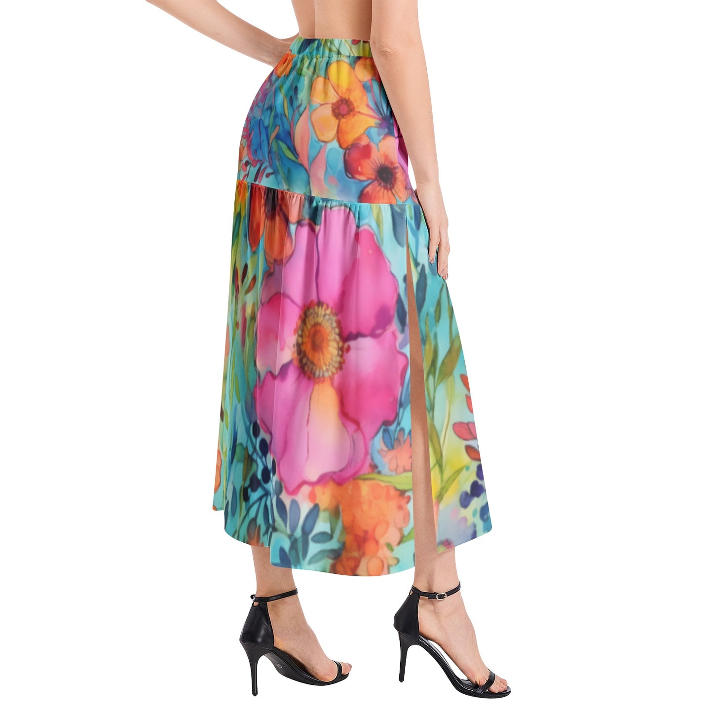 Vibrant Floral Midi Skirt with high elastic waist and thigh slit, featuring a flowy silhouette | Perfect spring and Summer Dress