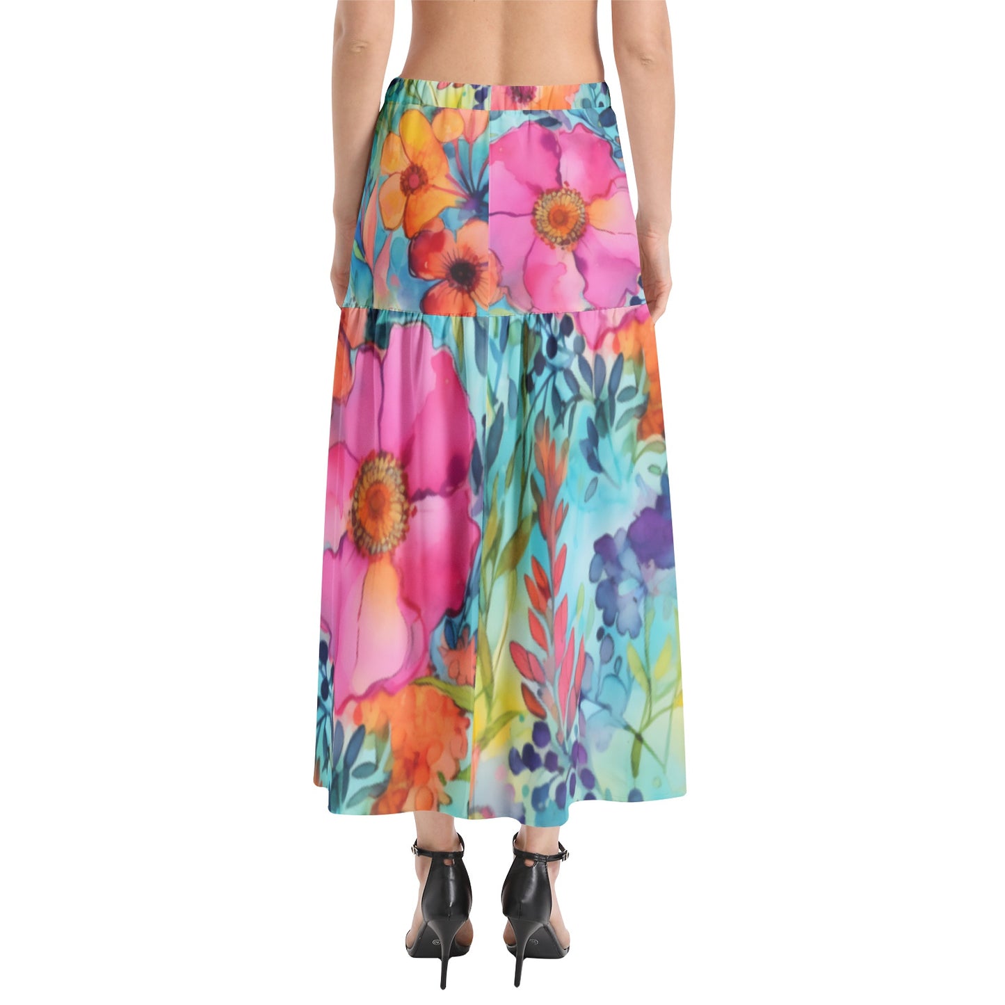 Vibrant Floral Midi Skirt with high elastic waist and thigh slit, featuring a flowy silhouette | Perfect spring and Summer Dress