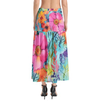 Women's colorful floral midi skirt with high elastic waist, thigh slit, and vibrant watercolor botanical print