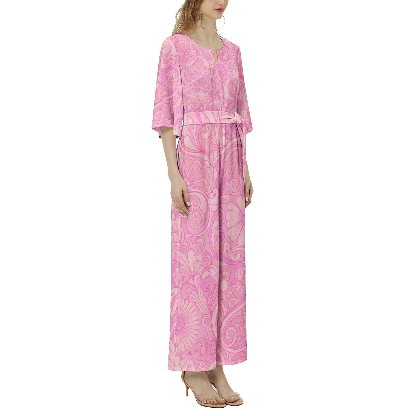 70s Inspired Ibiza Retro Peach & Pink Jumpsuit – Retro Floral Print in Peach and Pink | Wide Leg Jumpsuit | Summer Jumpsuit
