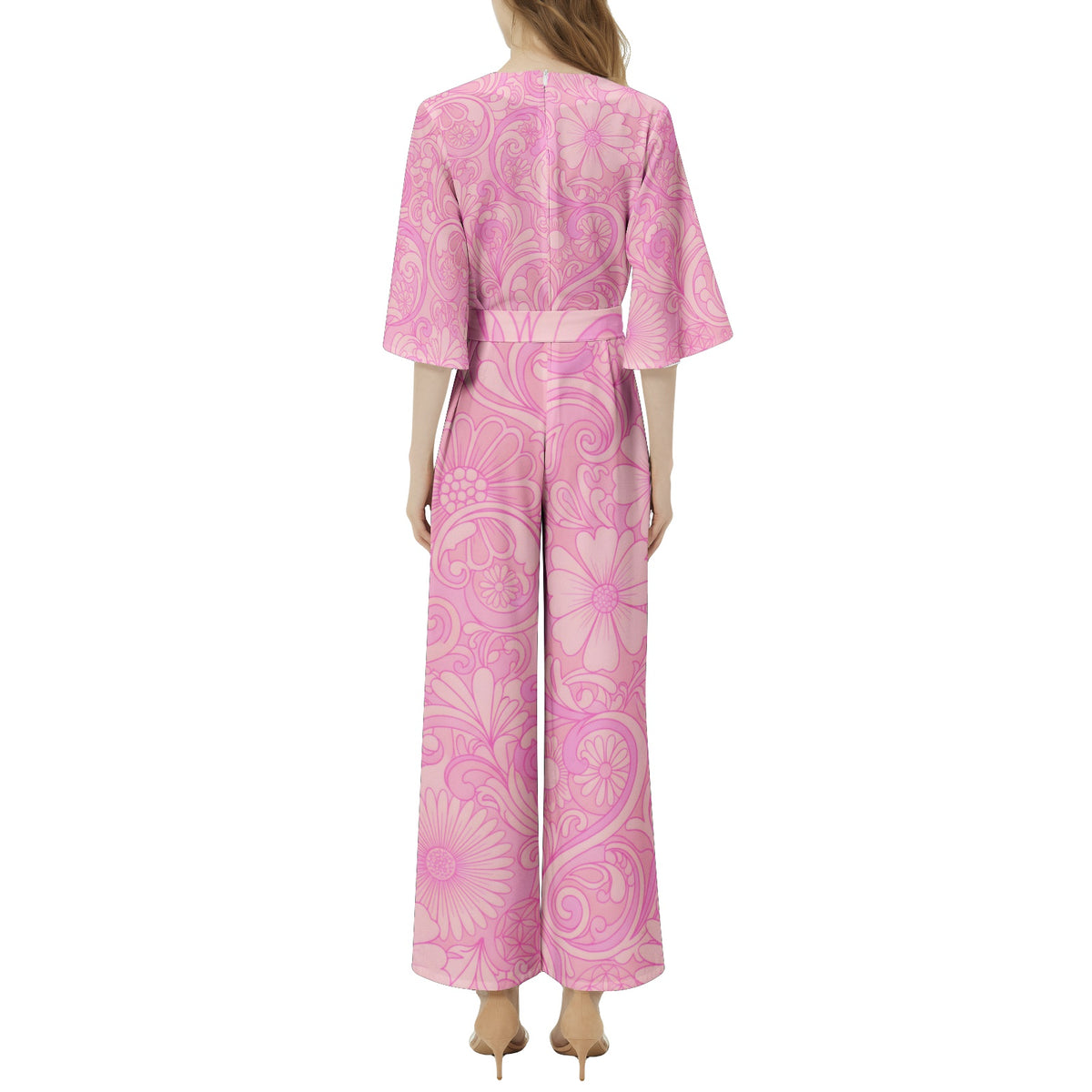 Women's retro floral wide leg jumpsuit with peach, pink, and lavender botanical print, dolman sleeves, and belted waist