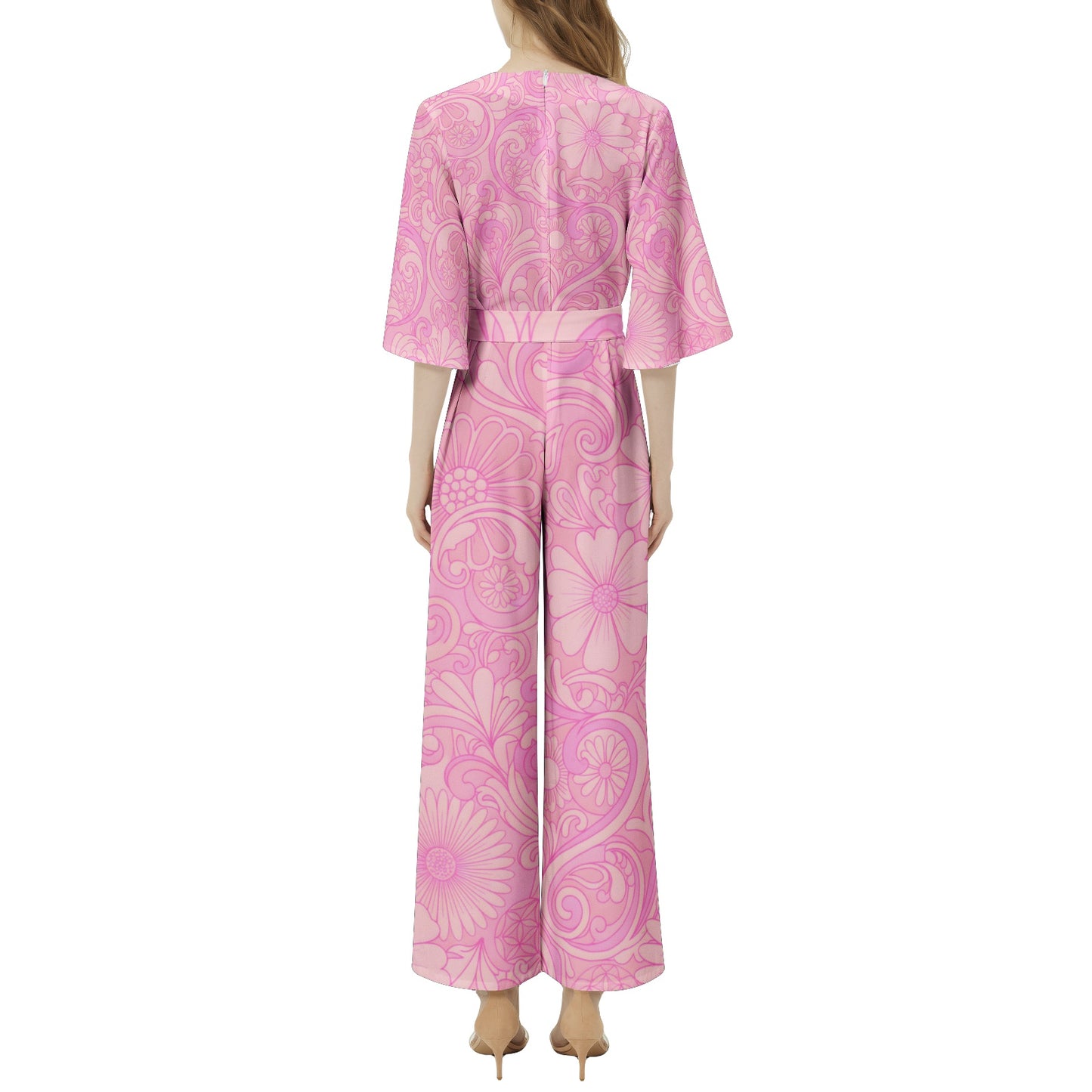 70s Inspired Ibiza Retro Peach & Pink Jumpsuit – Retro Floral Print in Peach and Pink | Wide Leg Jumpsuit | Summer Jumpsuit