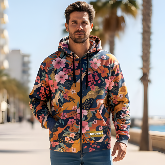 Floral camouflage unisex zip hoodie, bold streetwear hoodie, colorful camo hoodie, artistic floral pattern, standout fashion