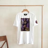 Justice Angel unisex T-shirt featuring a blonde female winged angel with sword and scales in a detailed bold graphic design