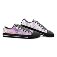 ENVERA Lavender Bloom unisex low top canvas sneakers with soft lavender floral print, blush pink flowers, and watercolor botanical design