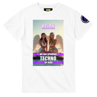 Heavenly Techno Angels unisex streetwear t-shirt featuring cloud DJ girls graphic with techno rave theme and “we are spinning techno up here” design