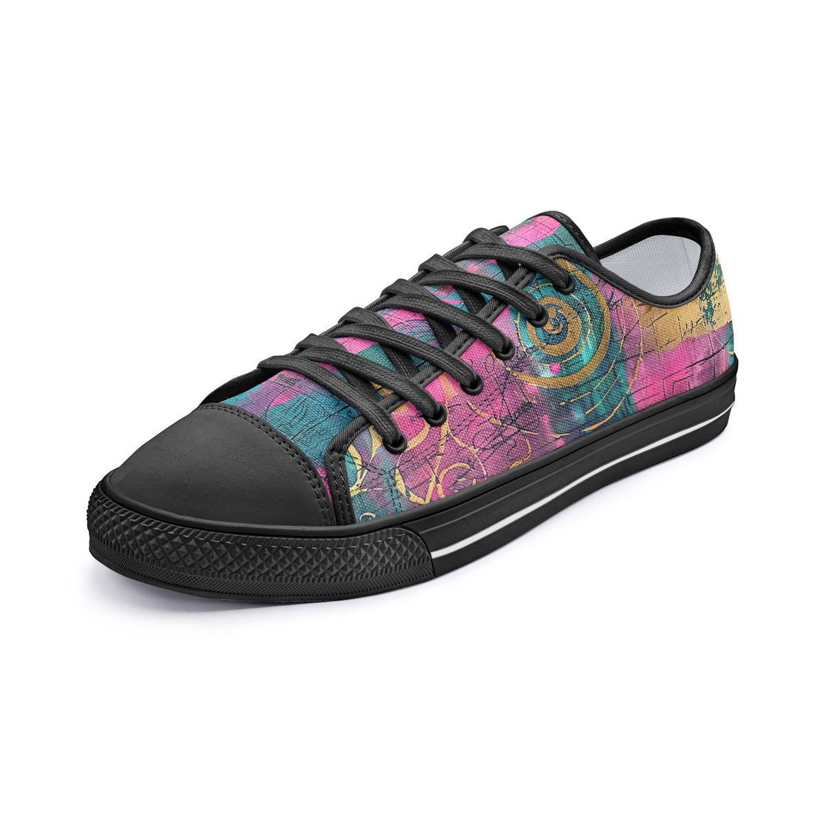 Unisex low-top canvas shoes with abstract color block pattern in turquoise, magenta, deep pink, and gold accents