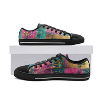 Unisex low-top canvas shoes with abstract color block pattern in turquoise, magenta, deep pink, and gold accents