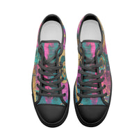 Unisex low-top canvas shoes with abstract color block pattern in turquoise, magenta, deep pink, and gold accents