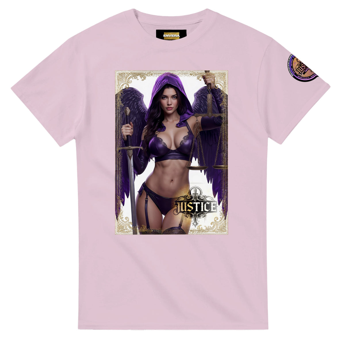 Justice Angel unisex T-shirt featuring a brunette female winged angel with sword and scales in a detailed bold graphic design