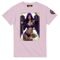 Justice Angel unisex T-shirt featuring a brunette female winged angel with sword and scales in a detailed bold graphic design