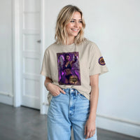 Justice Angel unisex T-shirt featuring a brunette female winged angel with sword and scales in a detailed bold graphic design