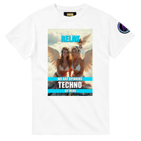 Heavenly Techno Angels unisex streetwear t-shirt featuring cloud DJ girls graphic with techno rave theme and “we are spinning techno up here” design