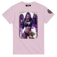 Justice Angel unisex T-shirt featuring a blonde female winged angel with sword and scales in a detailed bold graphic design