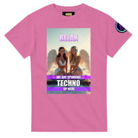 Heavenly Techno Angels unisex streetwear t-shirt featuring cloud DJ girls graphic with techno rave theme and “we are spinning techno up here” design