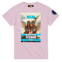 Heavenly Techno Angels unisex streetwear t-shirt featuring cloud DJ girls graphic with techno rave theme and “we are spinning techno up here” design