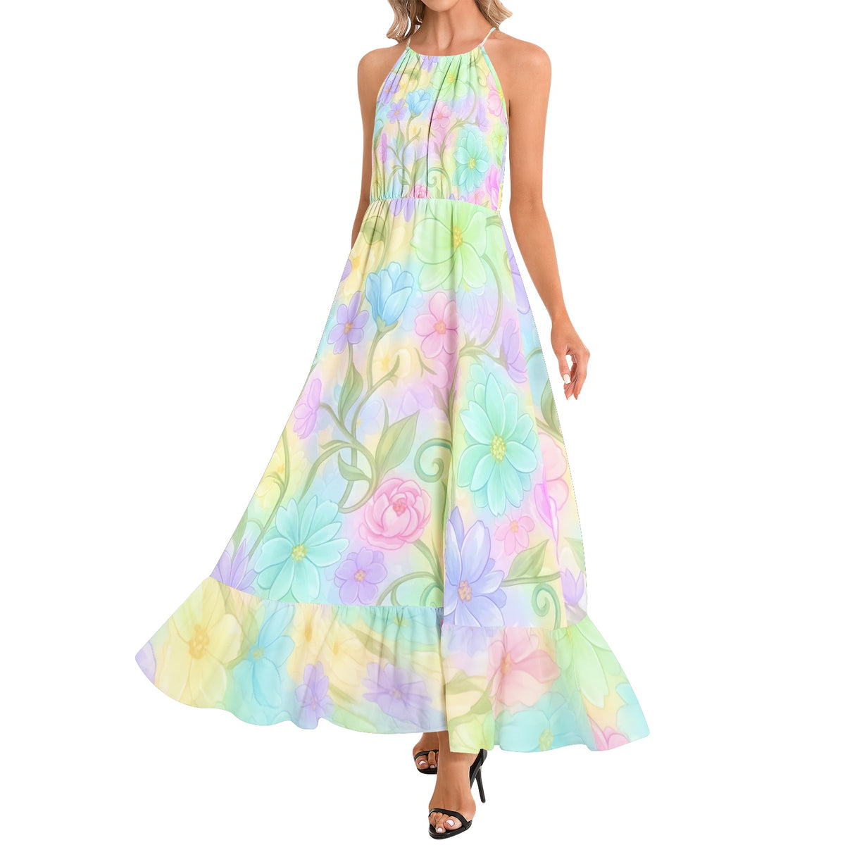 Pastel Watercolor Floral Maxi Dress | Vintage 60s Inspired Halter Dress | Cottagecore Summer Dress | Romantic Garden Party Maxi Dress