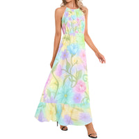 Pastel Watercolor Floral Maxi Dress | Vintage 60s Inspired Halter Dress | Cottagecore Summer Dress | Romantic Garden Party Maxi Dress