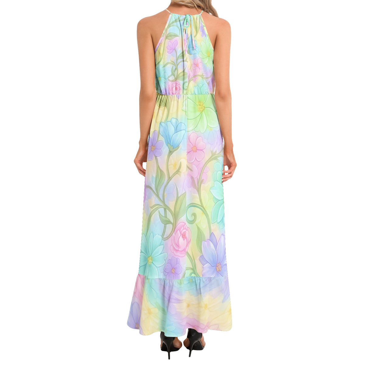 Pastel Watercolor Floral Maxi Dress | Vintage 60s Inspired Halter Dress | Cottagecore Summer Dress | Romantic Garden Party Maxi Dress