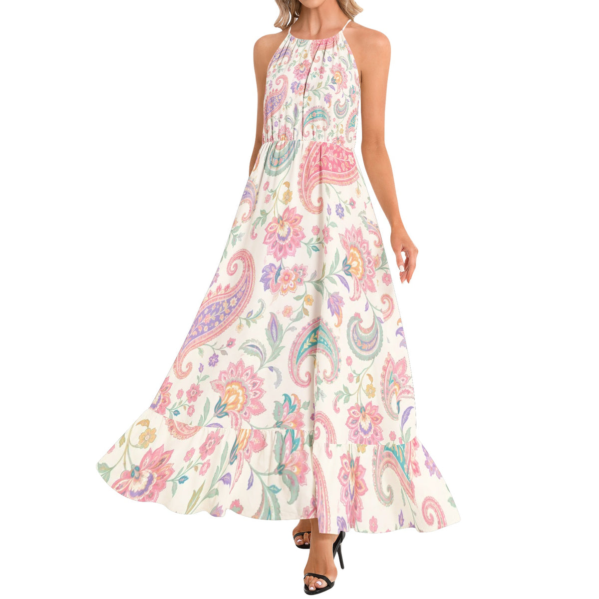 Boho Paisley Floral Maxi Dress in Ivory, Pink & Turquoise | Halter Neck Bohemian Summer Dress | Flowy Festival Vacation Maxi