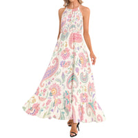 Boho Paisley Floral Maxi Dress in Ivory, Pink & Turquoise | Halter Neck Bohemian Summer Dress | Flowy Festival Vacation Maxi