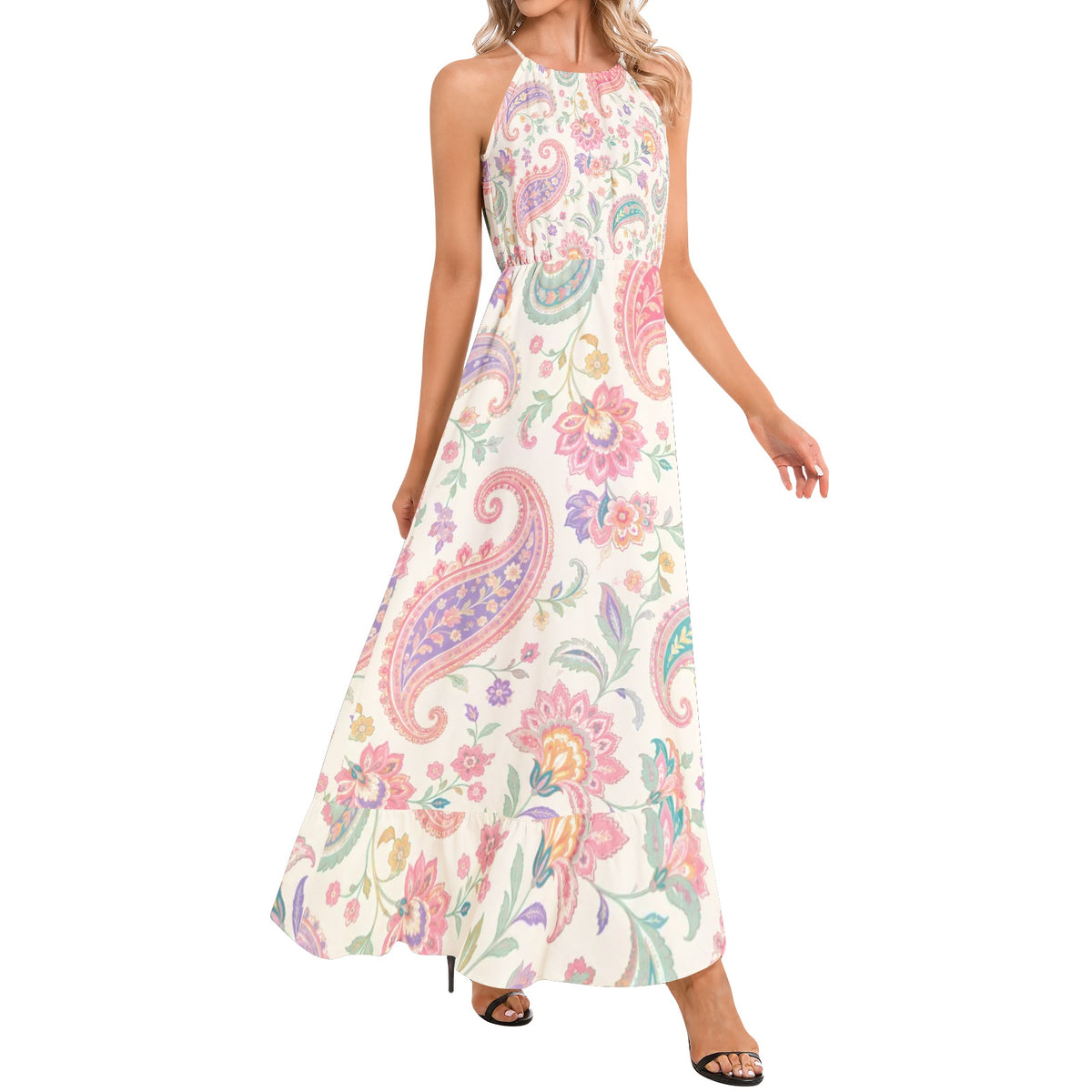 Boho Paisley Floral Maxi Dress in Ivory, Pink & Turquoise | Halter Neck Bohemian Summer Dress | Flowy Festival Vacation Maxi