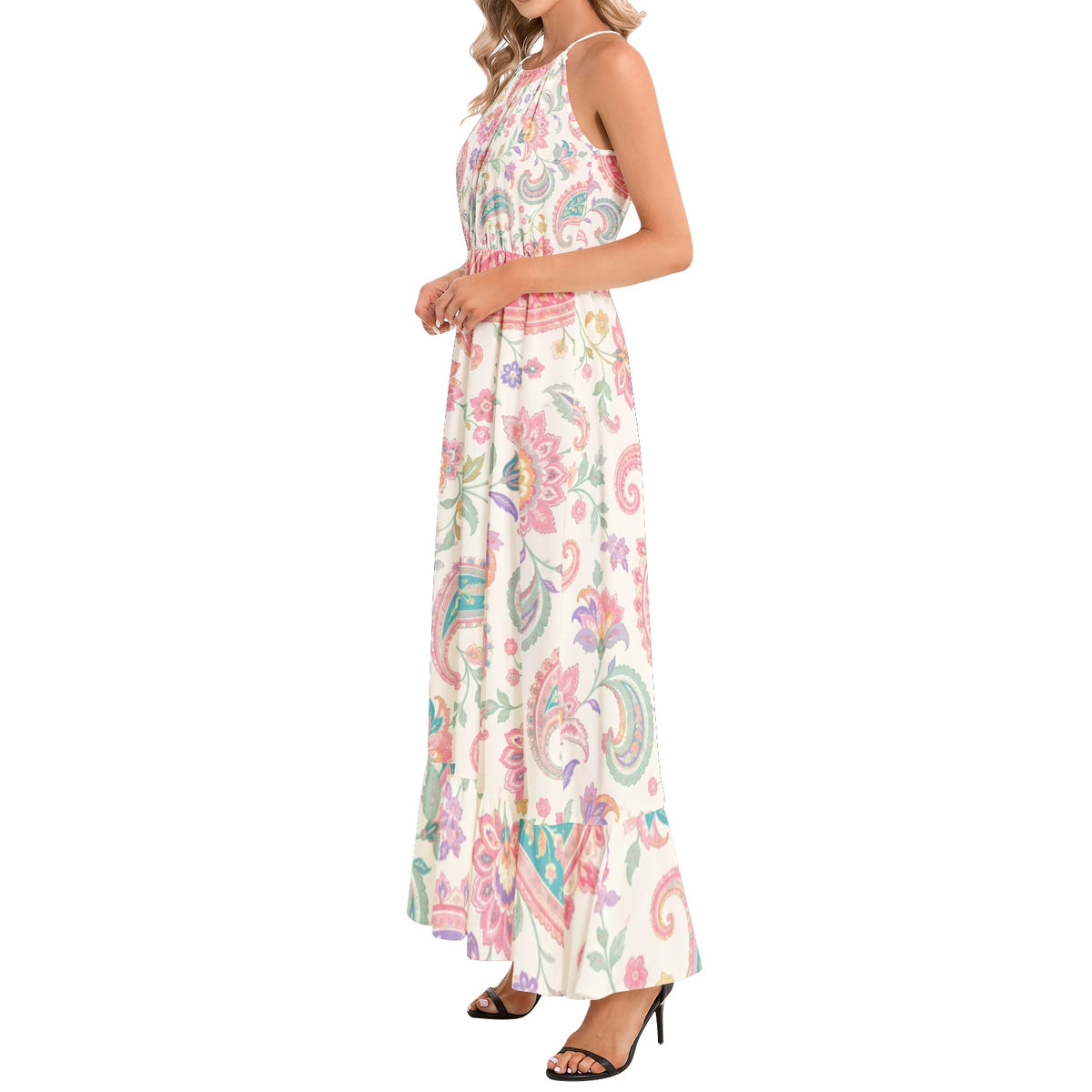 Boho Paisley Floral Maxi Dress in Ivory, Pink & Turquoise | Halter Neck Bohemian Summer Dress | Flowy Festival Vacation Maxi