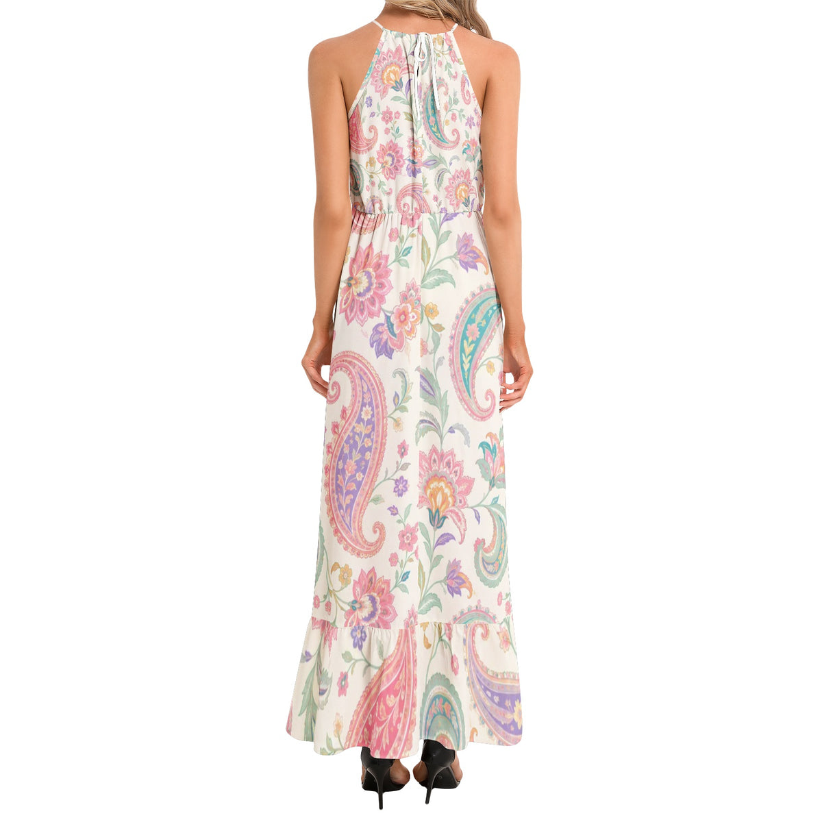 Boho Paisley Floral Maxi Dress in Ivory, Pink & Turquoise | Halter Neck Bohemian Summer Dress | Flowy Festival Vacation Maxi