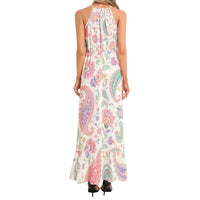 Boho Paisley Floral Maxi Dress in Ivory, Pink & Turquoise | Halter Neck Bohemian Summer Dress | Flowy Festival Vacation Maxi